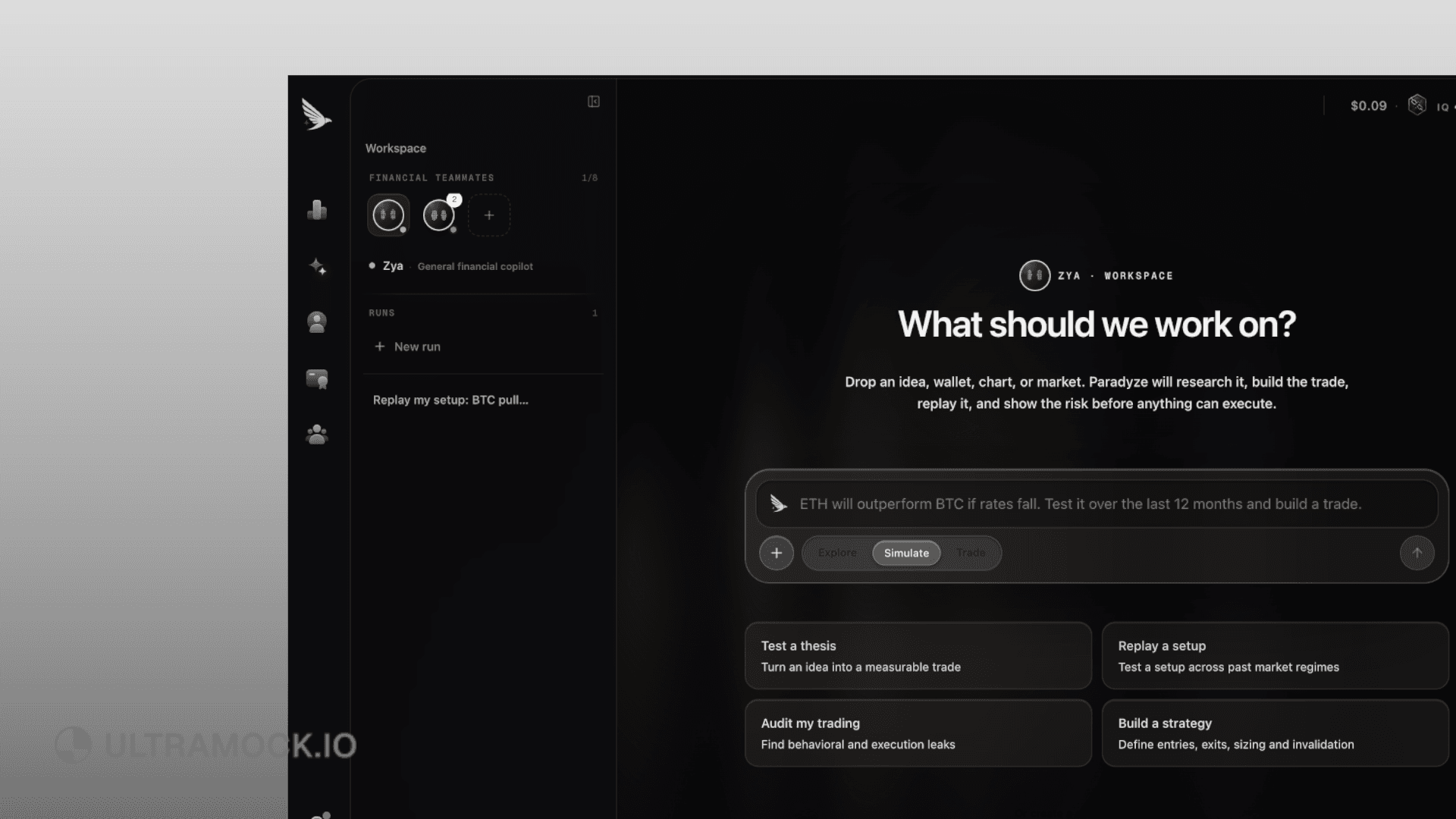 Paradyze Workspace interface showing a financial teammate ready to test and simulate a trading thesis